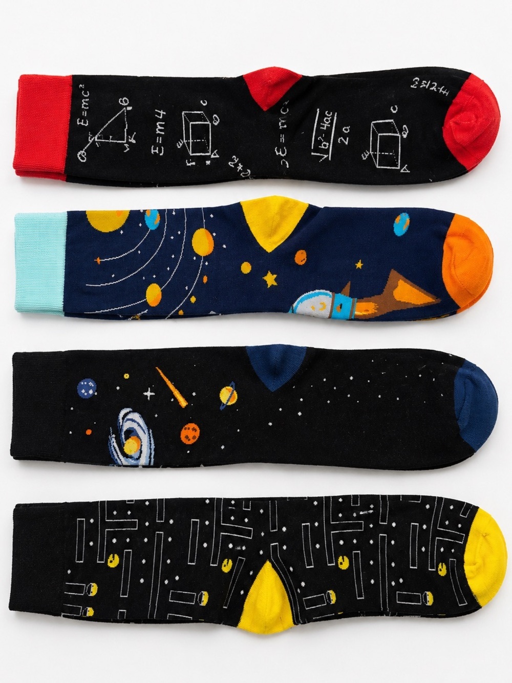 4-Pack Space Science Novelty Crew Socks Bundle Pac-Man Galaxy Math